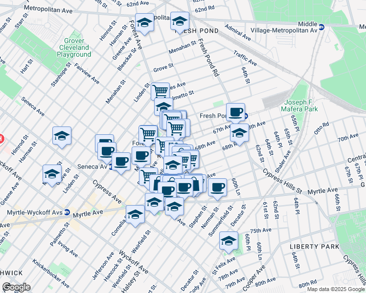 map of restaurants, bars, coffee shops, grocery stores, and more near in Queens