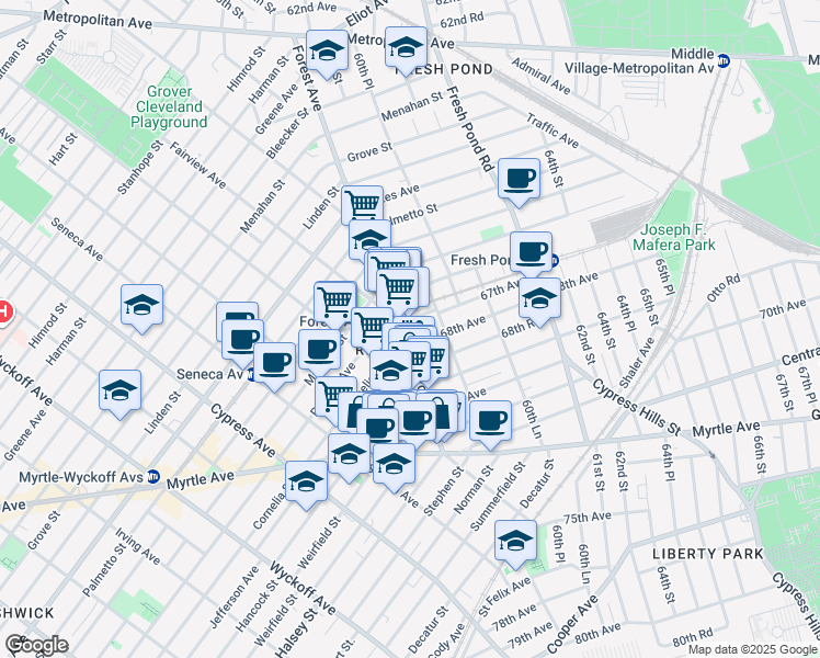 map of restaurants, bars, coffee shops, grocery stores, and more near in Queens