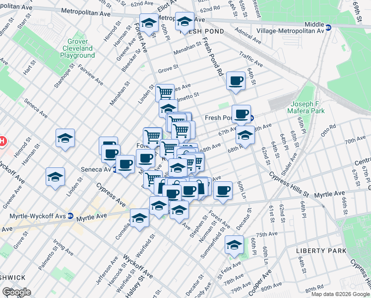 map of restaurants, bars, coffee shops, grocery stores, and more near in Queens
