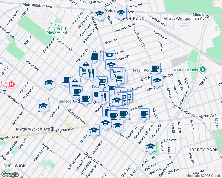 map of restaurants, bars, coffee shops, grocery stores, and more near in Queens