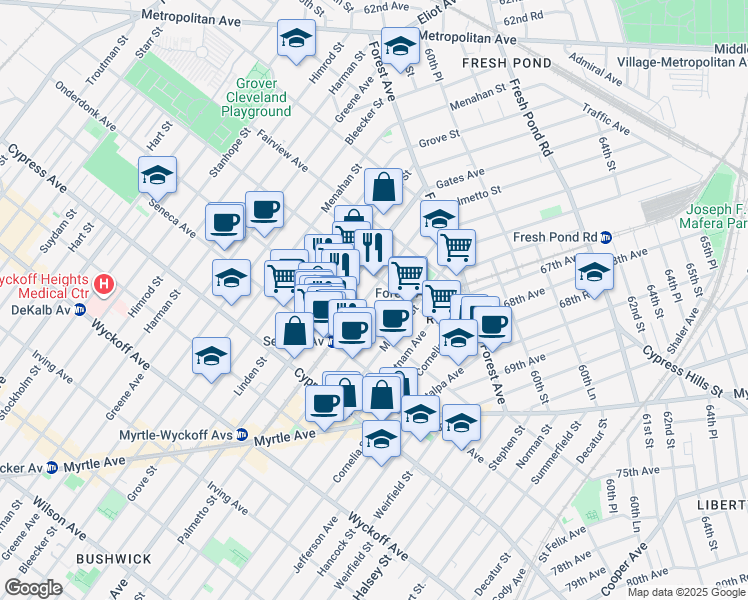 map of restaurants, bars, coffee shops, grocery stores, and more near 6-89 Onderdonk Avenue in Queens