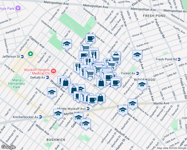 map of restaurants, bars, coffee shops, grocery stores, and more near 17-38 Menahan Street in Queens