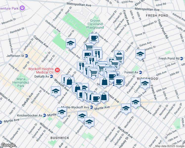 map of restaurants, bars, coffee shops, grocery stores, and more near 17-38 Menahan Street in Queens