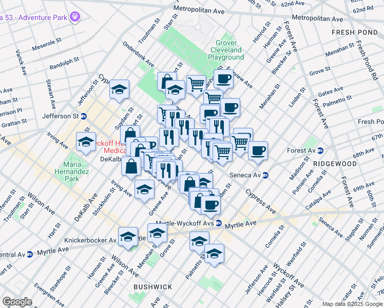 map of restaurants, bars, coffee shops, grocery stores, and more near 1519 Greene Avenue in Brooklyn