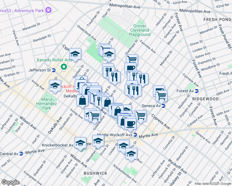 map of restaurants, bars, coffee shops, grocery stores, and more near 1519 Greene Avenue in Brooklyn