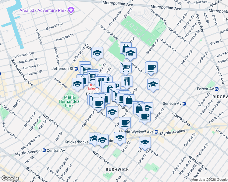 map of restaurants, bars, coffee shops, grocery stores, and more near 371 Himrod Street in Brooklyn