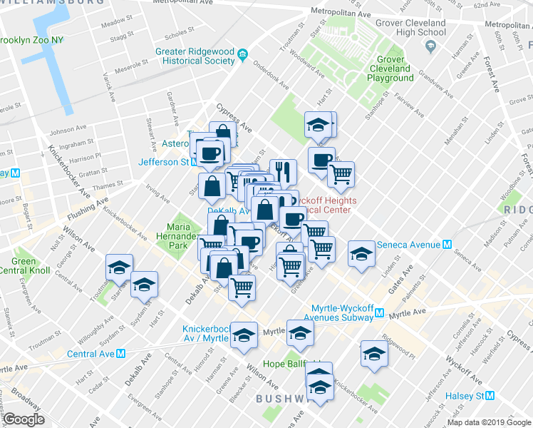 map of restaurants, bars, coffee shops, grocery stores, and more near 114 Wyckoff Avenue in Brooklyn