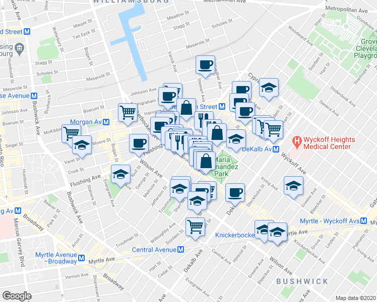 map of restaurants, bars, coffee shops, grocery stores, and more near 272 1/2 Jefferson Street in Brooklyn