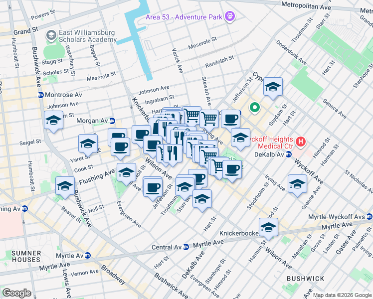map of restaurants, bars, coffee shops, grocery stores, and more near in Brooklyn