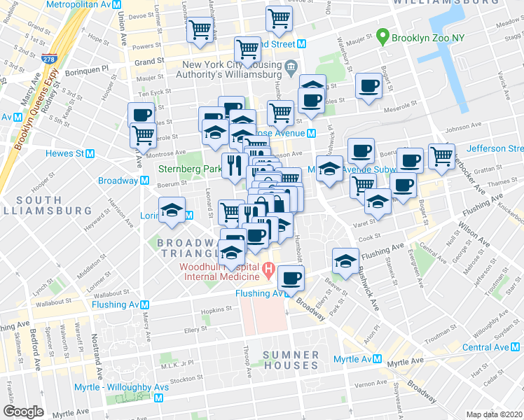 map of restaurants, bars, coffee shops, grocery stores, and more near 69 Moore Street in Brooklyn