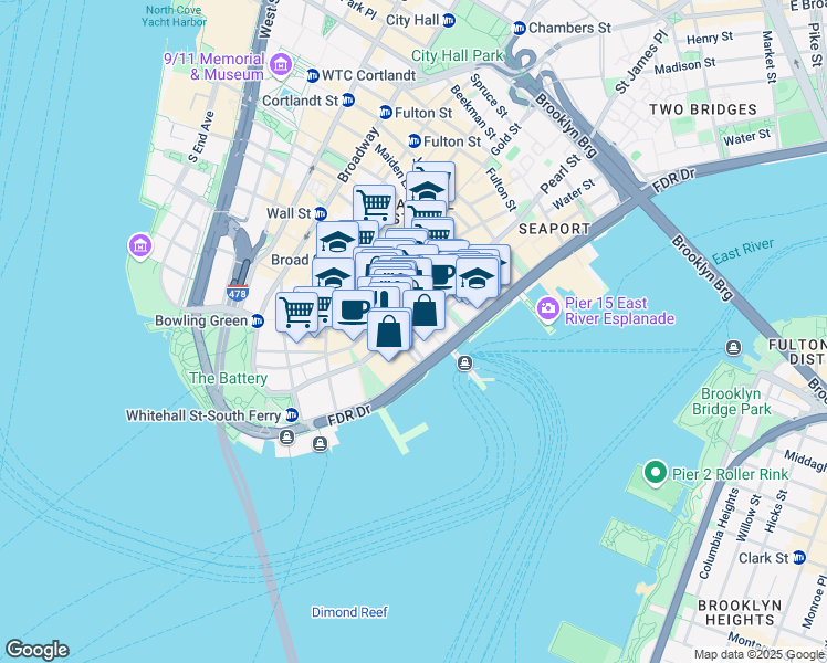 map of restaurants, bars, coffee shops, grocery stores, and more near 110 Pearl Street in New York