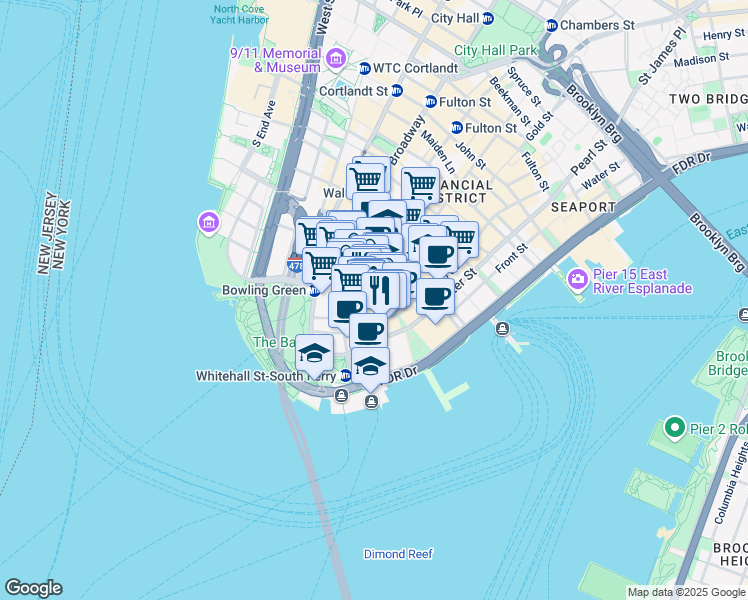map of restaurants, bars, coffee shops, grocery stores, and more near 31 Bridge Street in New York