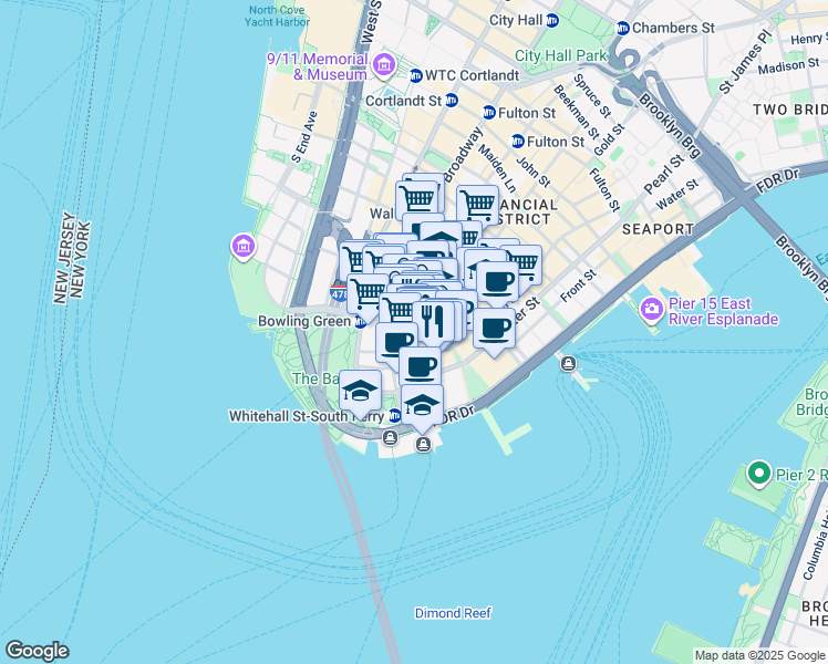map of restaurants, bars, coffee shops, grocery stores, and more near 85 Broad Street in New York