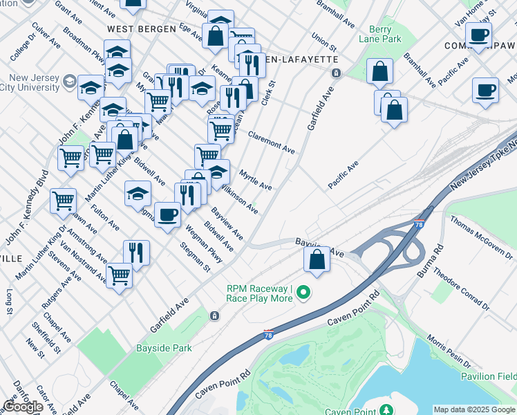 map of restaurants, bars, coffee shops, grocery stores, and more near 12 Wilkinson Avenue in Jersey City