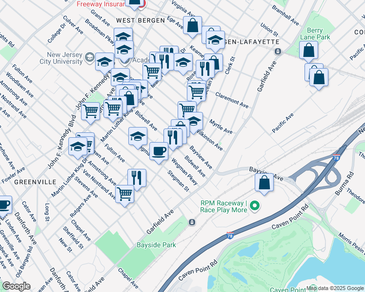 map of restaurants, bars, coffee shops, grocery stores, and more near 65 Bayview Avenue in Jersey City