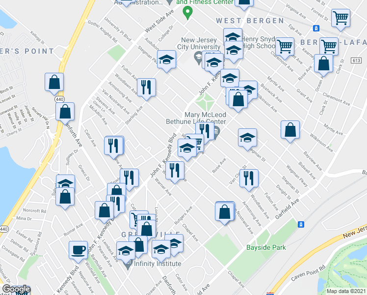 map of restaurants, bars, coffee shops, grocery stores, and more near 12 Bergen Avenue in Jersey City