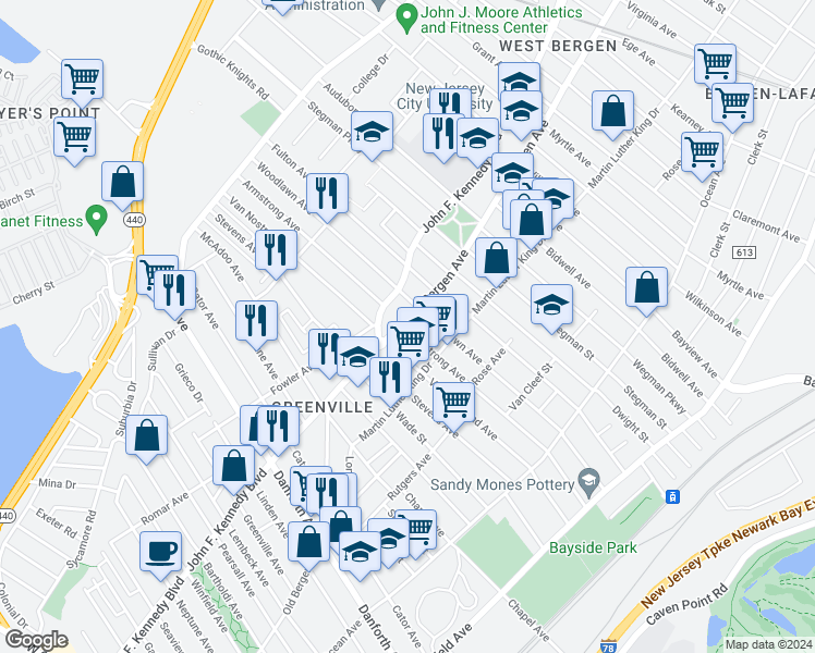 map of restaurants, bars, coffee shops, grocery stores, and more near 12 Bergen Avenue in Jersey City