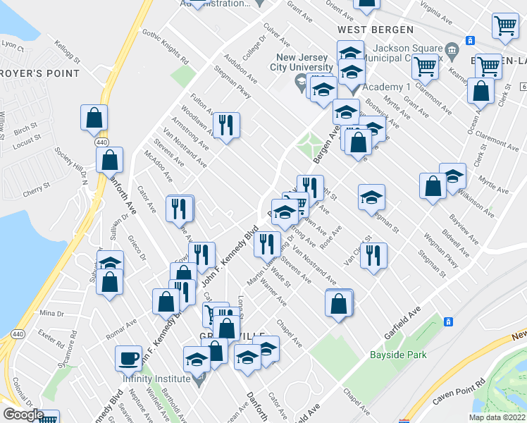 map of restaurants, bars, coffee shops, grocery stores, and more near 12 Bergen Avenue in Jersey City
