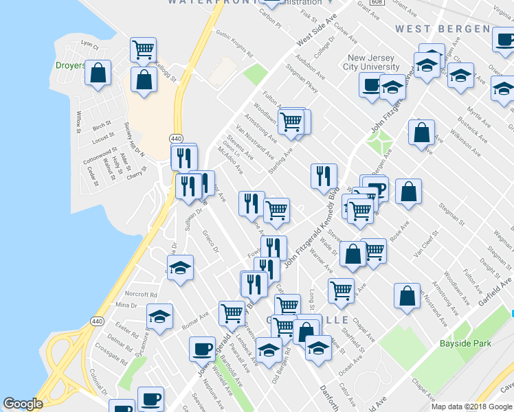 map of restaurants, bars, coffee shops, grocery stores, and more near 95 Terhune Avenue in Jersey City