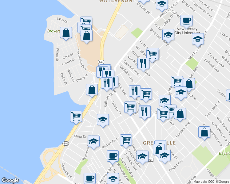 map of restaurants, bars, coffee shops, grocery stores, and more near 391 Danforth Avenue in Jersey City