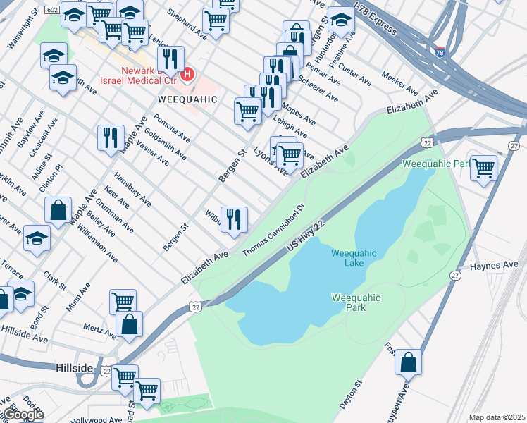 map of restaurants, bars, coffee shops, grocery stores, and more near 705-711 Elizabeth Avenue in Newark