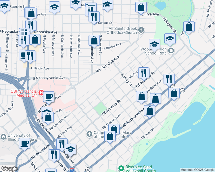 map of restaurants, bars, coffee shops, grocery stores, and more near 1105 Northeast Perry Avenue in Peoria