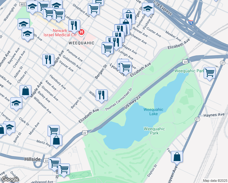 map of restaurants, bars, coffee shops, grocery stores, and more near 695 Elizabeth Avenue in Newark