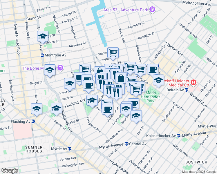 map of restaurants, bars, coffee shops, grocery stores, and more near Flushing Ave & Noll St in Brooklyn