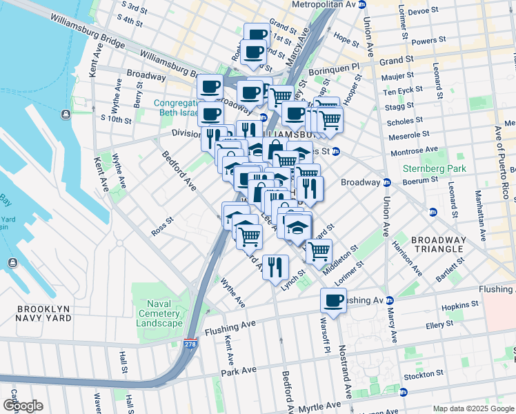 map of restaurants, bars, coffee shops, grocery stores, and more near Lee Ave & Hooper St in Brooklyn