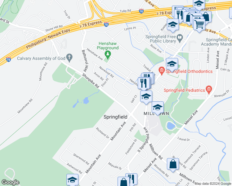 map of restaurants, bars, coffee shops, grocery stores, and more near 3 Windsor Drive in Springfield