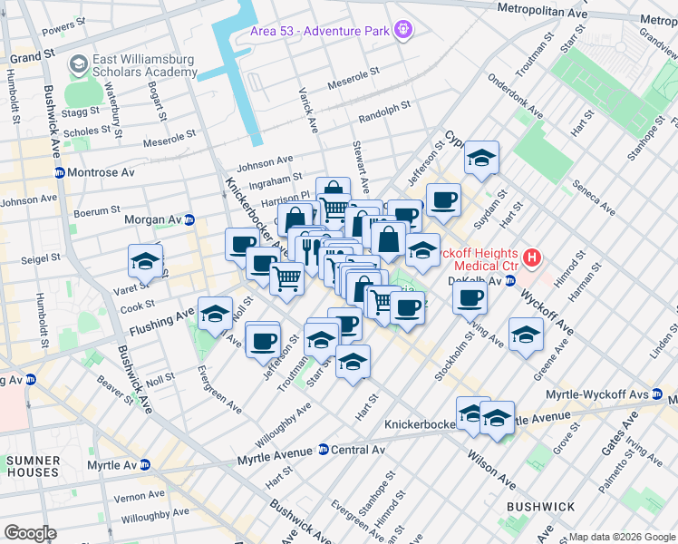 map of restaurants, bars, coffee shops, grocery stores, and more near 293 Jefferson Street in Brooklyn