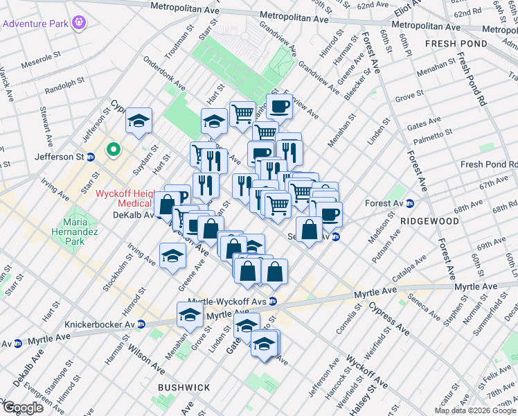 map of restaurants, bars, coffee shops, grocery stores, and more near 236 Cypress Avenue in Brooklyn