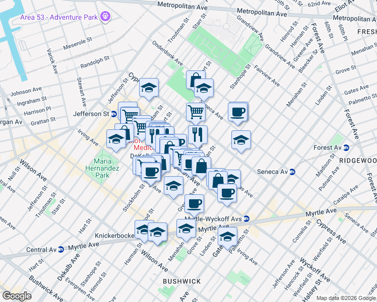 map of restaurants, bars, coffee shops, grocery stores, and more near 362 Stanhope Street in Brooklyn