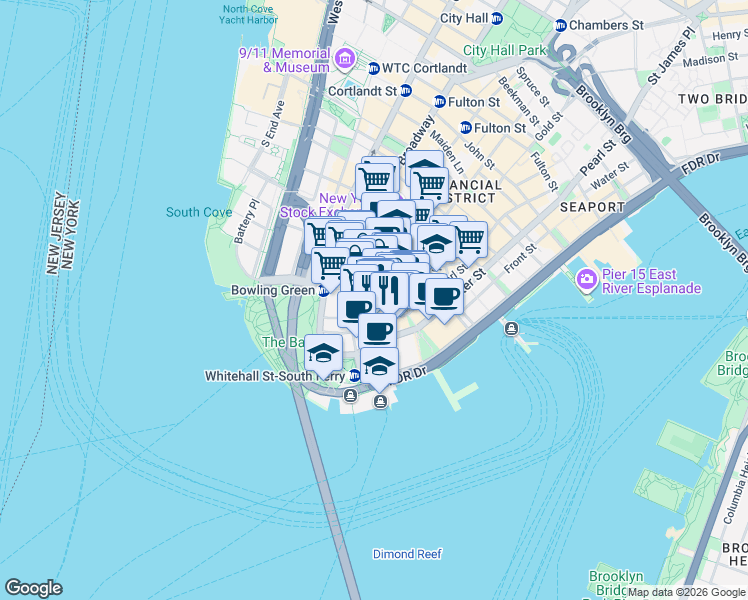 map of restaurants, bars, coffee shops, grocery stores, and more near 31 Bridge Street in New York