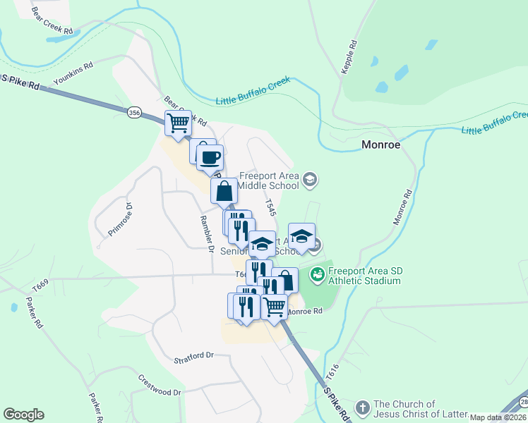 map of restaurants, bars, coffee shops, grocery stores, and more near 203 Silverview Drive in Sarver