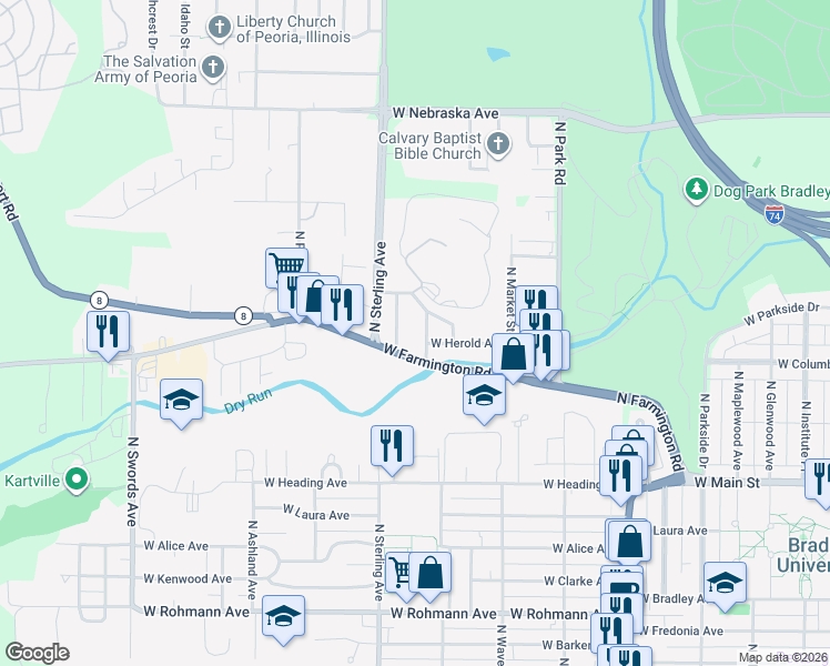 map of restaurants, bars, coffee shops, grocery stores, and more near 1315 North Rhodora Avenue in West Peoria