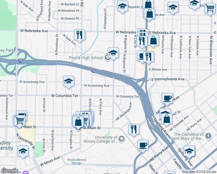 map of restaurants, bars, coffee shops, grocery stores, and more near 406 West Armstrong Avenue in Peoria