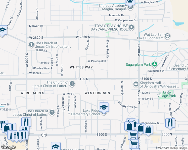 map of restaurants, bars, coffee shops, grocery stores, and more near 3071 South Fernbush Drive in Magna