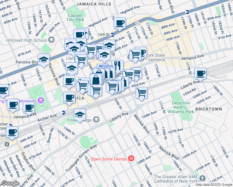 map of restaurants, bars, coffee shops, grocery stores, and more near 165-15 Archer Avenue in Queens