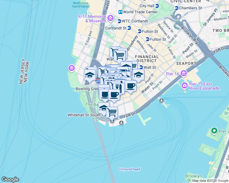 map of restaurants, bars, coffee shops, grocery stores, and more near 3 Stone Street in New York