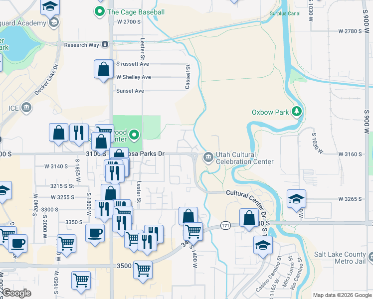 map of restaurants, bars, coffee shops, grocery stores, and more near 1427 Mayapple Way in West Valley City