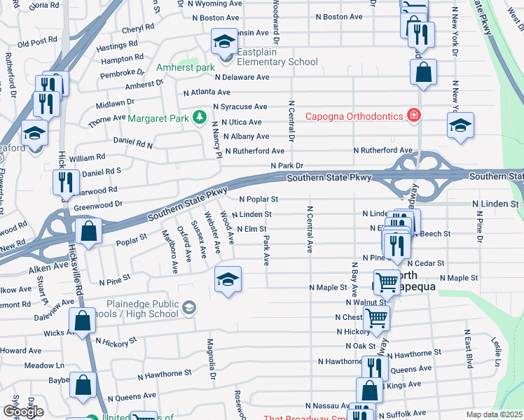 map of restaurants, bars, coffee shops, grocery stores, and more near 270 North Linden Street in Massapequa
