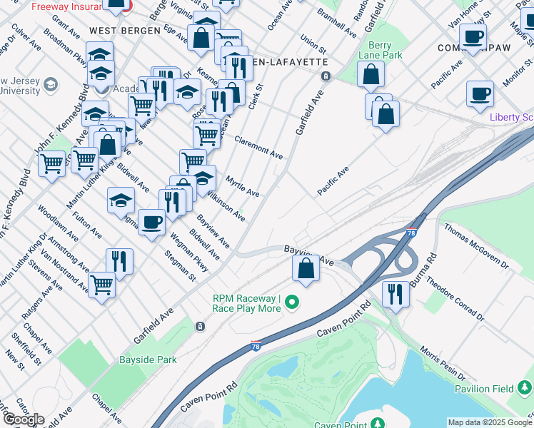 map of restaurants, bars, coffee shops, grocery stores, and more near 65 Commercial Street in Jersey City