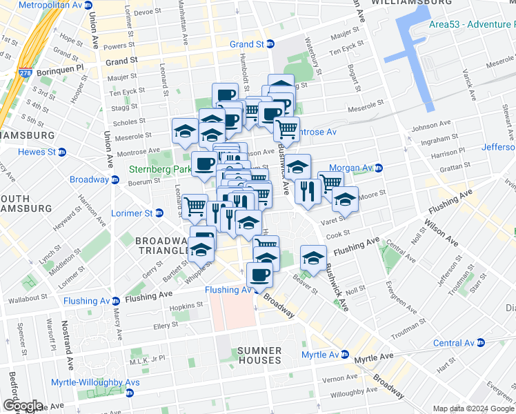 map of restaurants, bars, coffee shops, grocery stores, and more near 83 Humboldt Street in Brooklyn