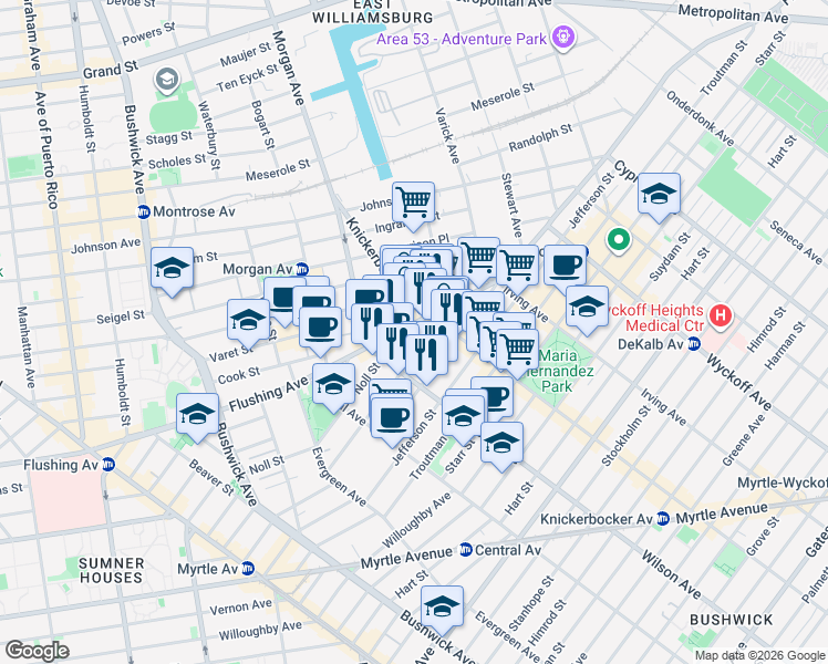 map of restaurants, bars, coffee shops, grocery stores, and more near in Brooklyn
