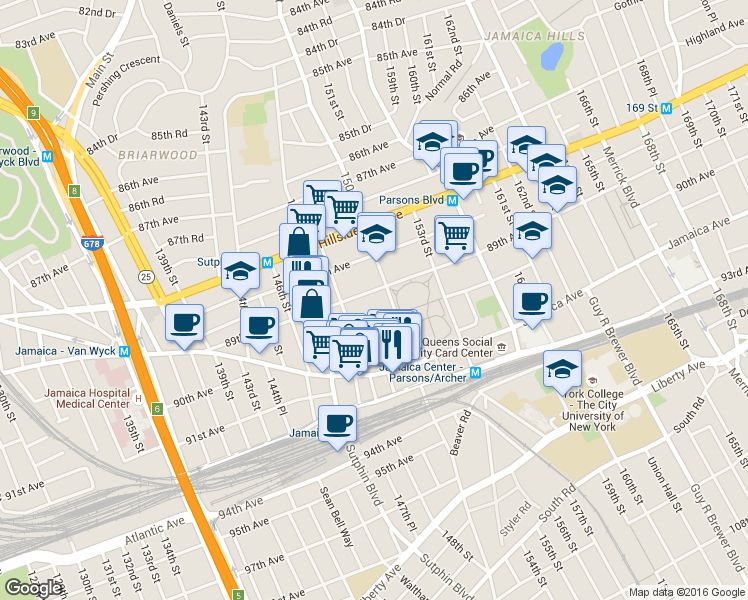 map of restaurants, bars, coffee shops, grocery stores, and more near 148-36 89th Avenue in Queens