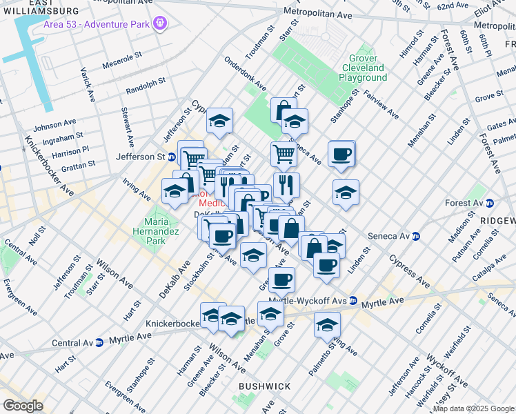 map of restaurants, bars, coffee shops, grocery stores, and more near 374 Stockholm Street in Brooklyn