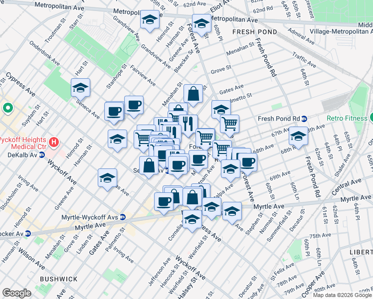map of restaurants, bars, coffee shops, grocery stores, and more near 6-89 Onderdonk Avenue in Queens