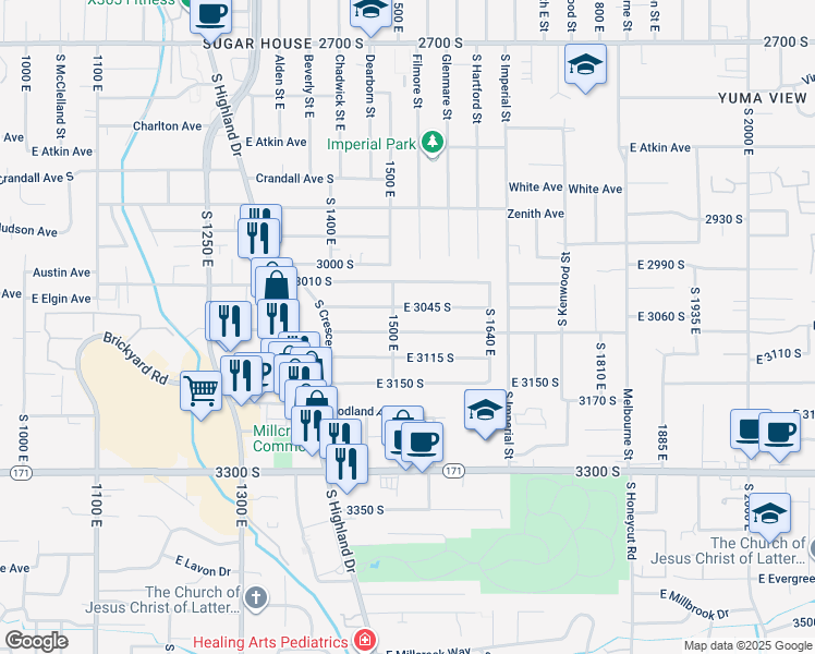 map of restaurants, bars, coffee shops, grocery stores, and more near 1525 Gregson Avenue in Salt Lake City