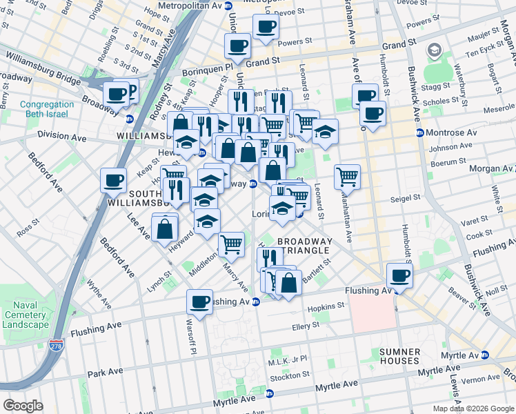 map of restaurants, bars, coffee shops, grocery stores, and more near 150 Union Avenue in Brooklyn